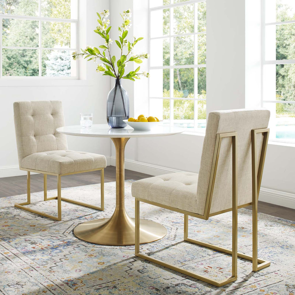 Privy Gold Stainless Steel Upholstered Fabric Dining Accent Chair Set of 2 in Gold Beige