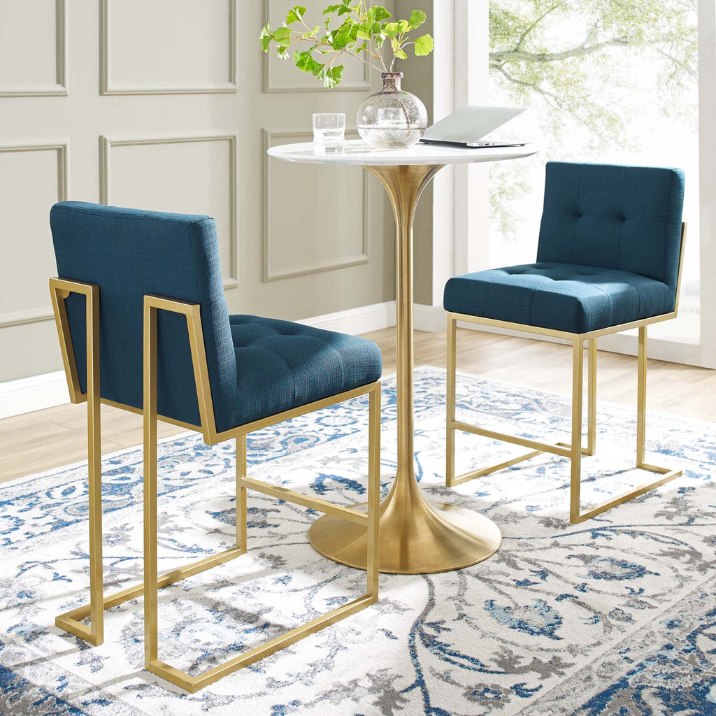 Privy Gold Stainless Steel Upholstered Fabric Counter Stool Set of 2 in Gold Azure