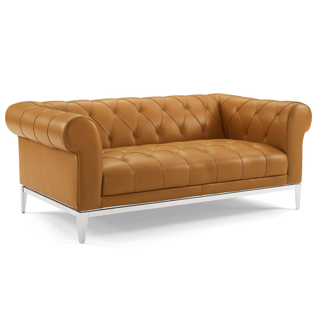 Idyll Tufted Upholstered Leather Sofa and Loveseat Set in Tan