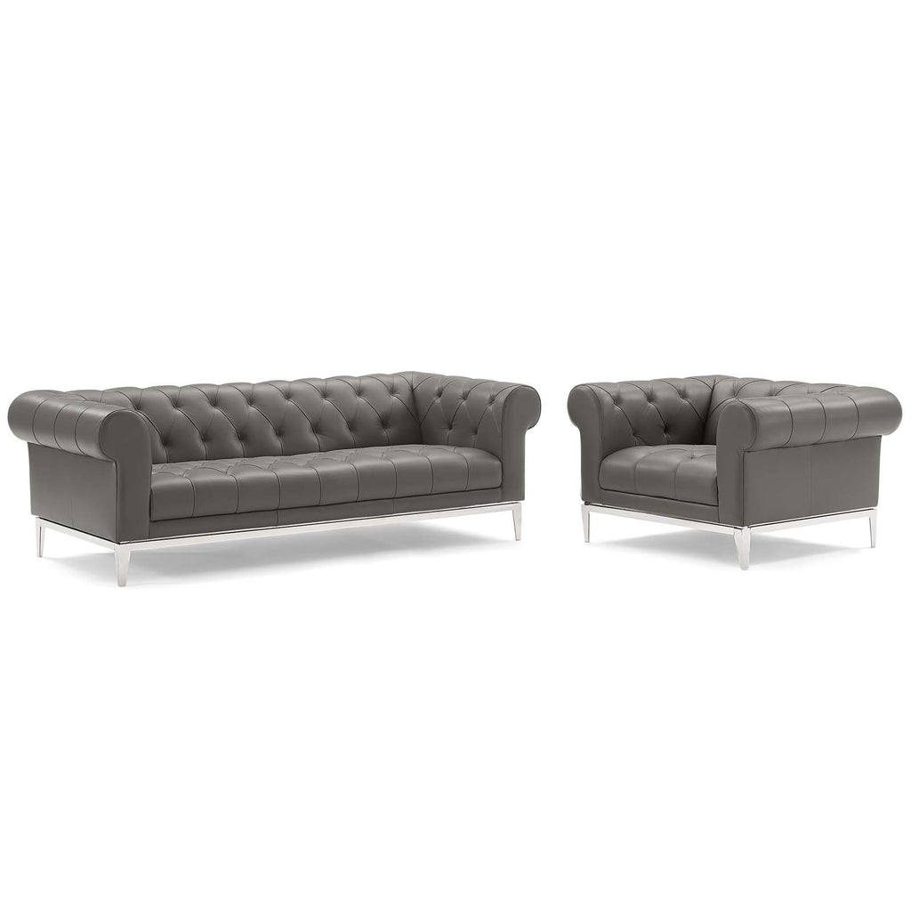 Idyll Tufted Upholstered Leather Sofa and Armchair Set in Gray