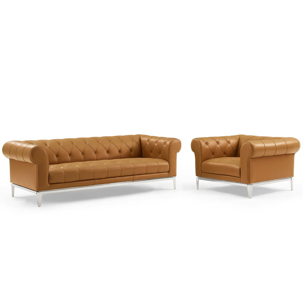 Idyll Tufted Upholstered Leather Sofa and Armchair Set in Tan