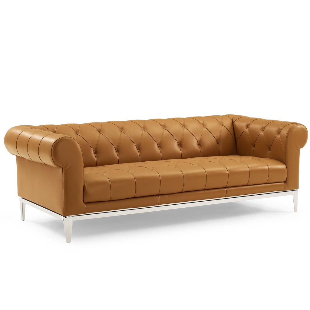 Idyll Tufted Upholstered Leather Sofa and Armchair Set in Tan