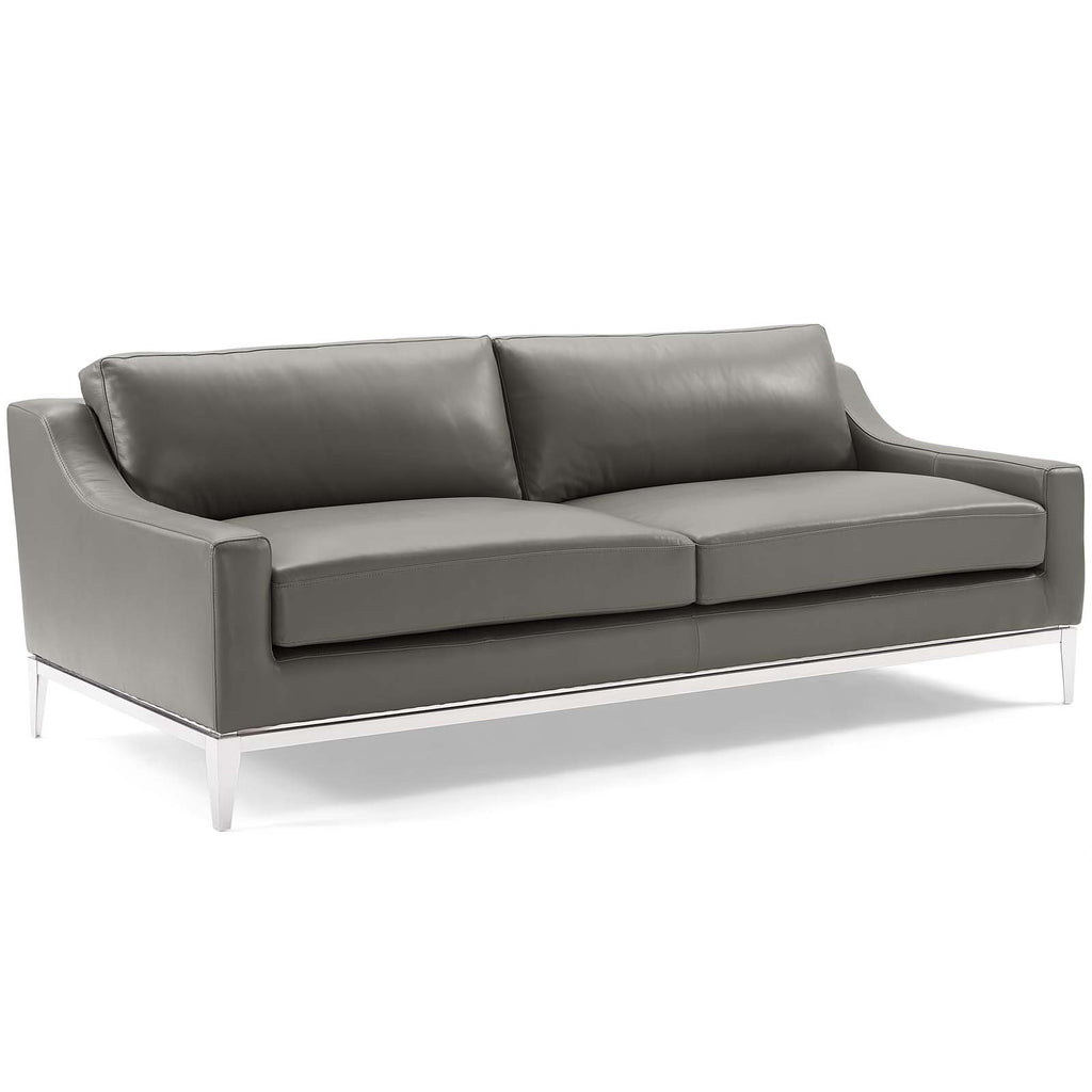 Harness Stainless Steel Base Leather Sofa and Loveseat Set in Gray