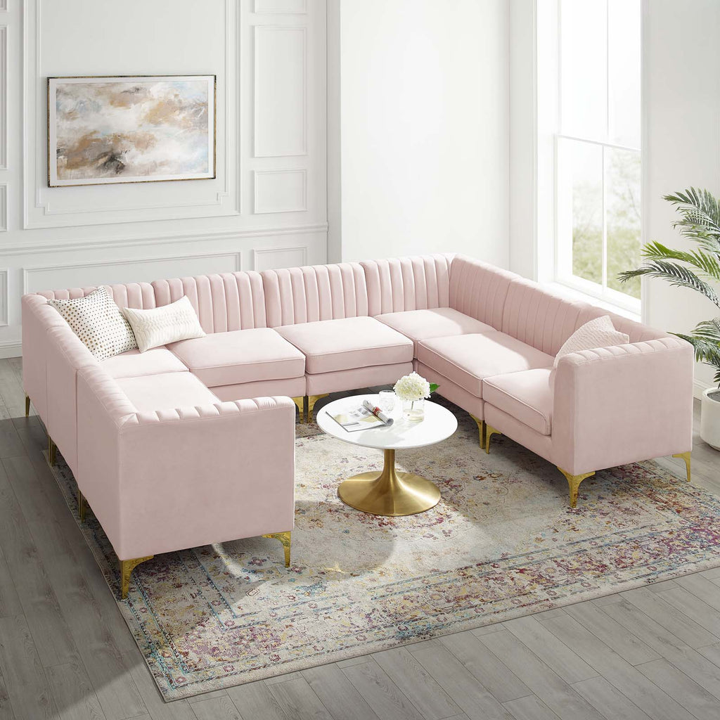 Triumph Channel Tufted Performance Velvet 8-Piece Sectional Sofa in Pink