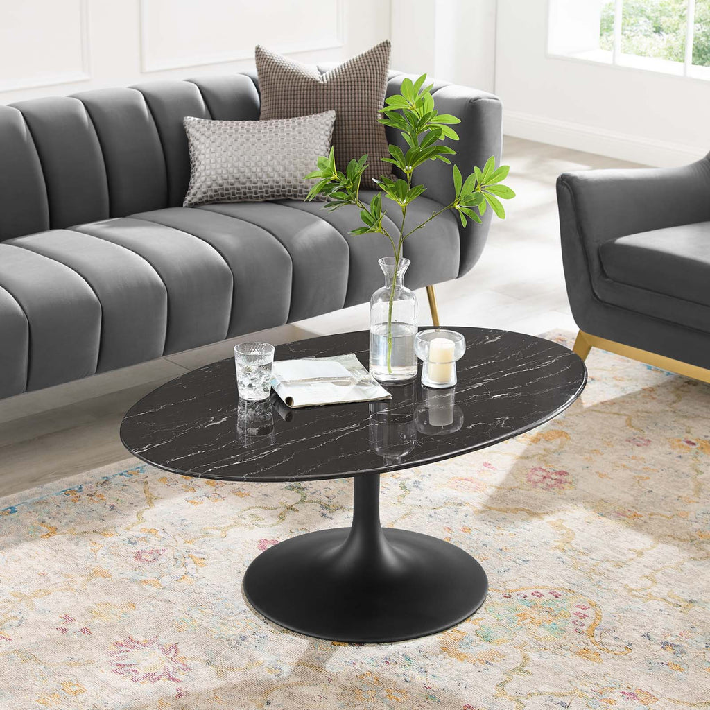 Lippa 42" Oval Artificial Marble Coffee Table - Black, Black