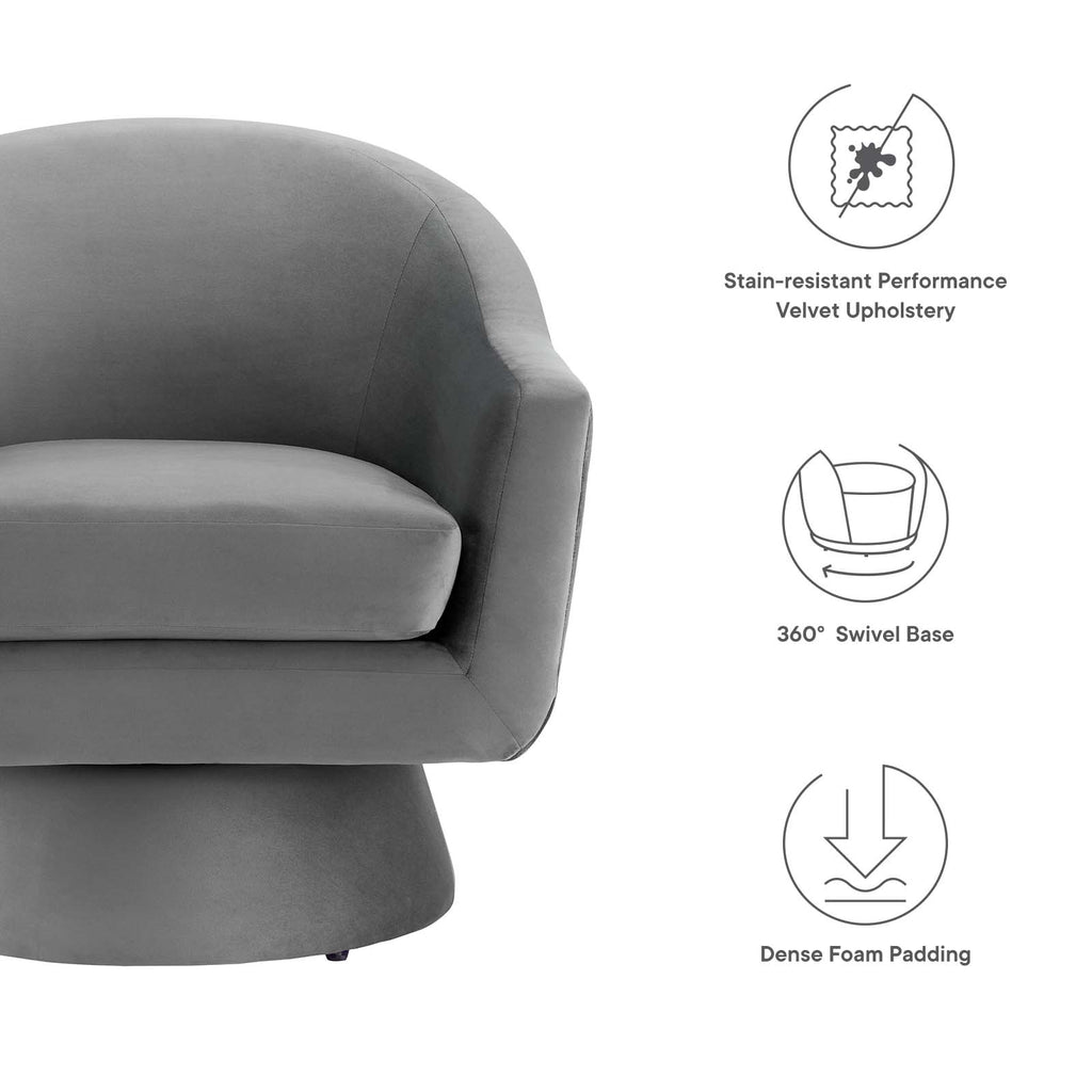 Astral Performance Velvet Fabric and Wood Swivel Chair