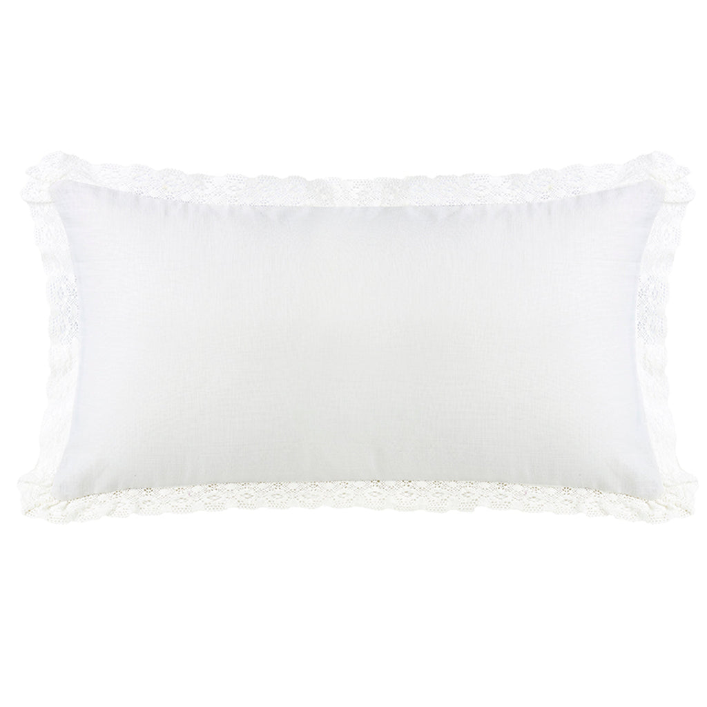 Extra Long Off-White Linen and Off-White Lace Trim Pillow, 21X34