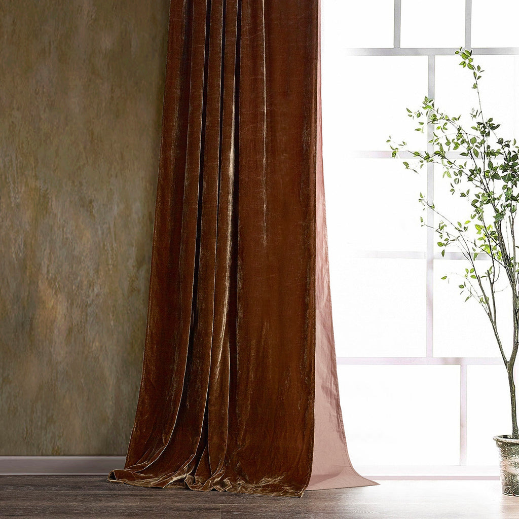 Stella Lined Silk Velvet Curtain, 48x108" Copper Brown