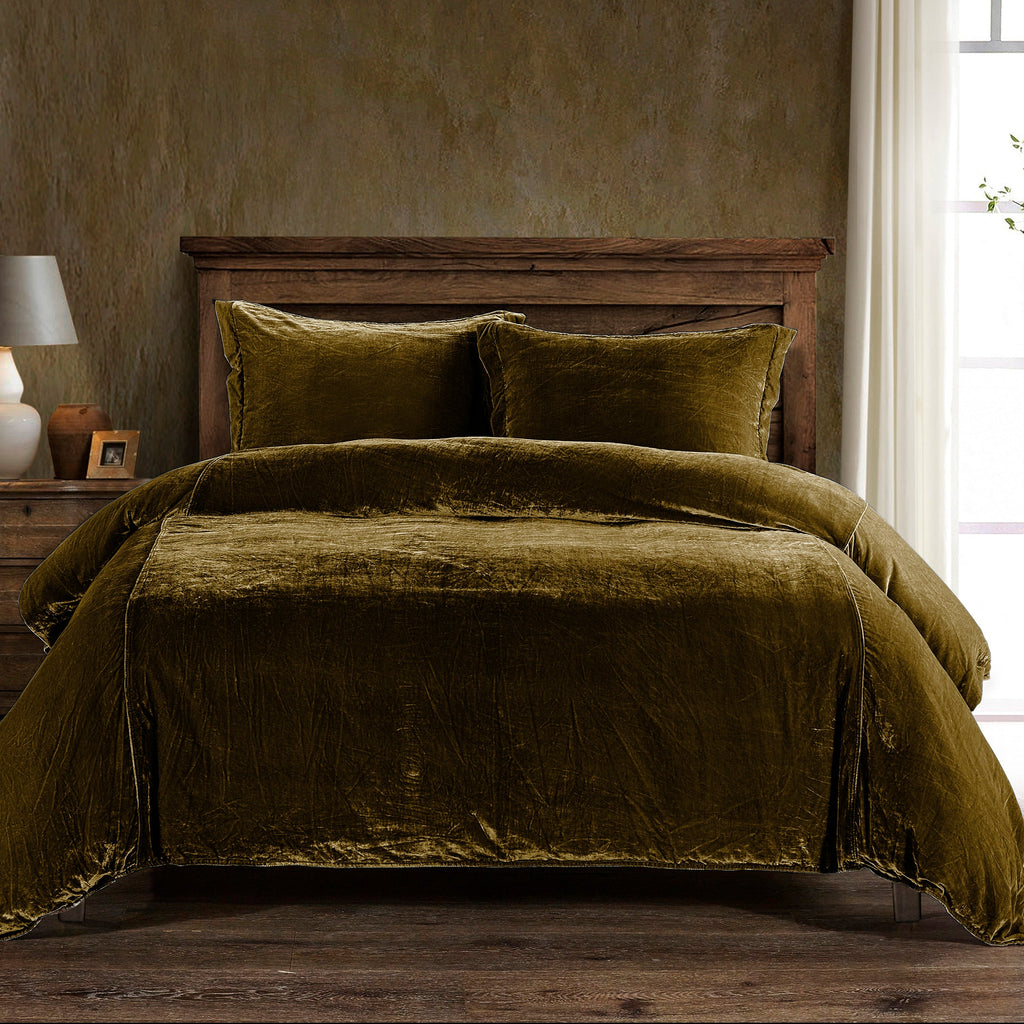 3PC Stella Silk Velvet Duvet Set, King Green Ochre