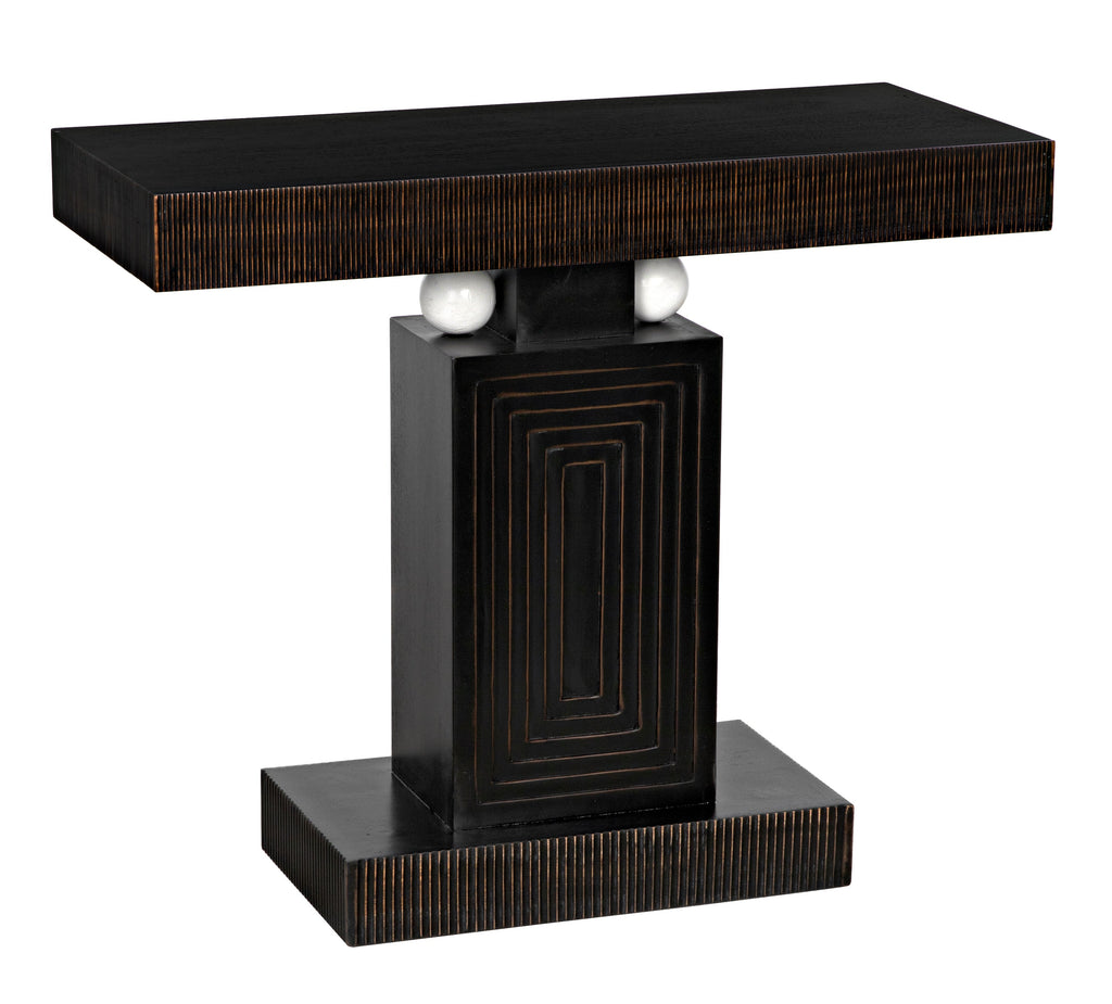 Hoffmann Console, Hand Rubbed Black with Light Brown Trim, Solid White Details