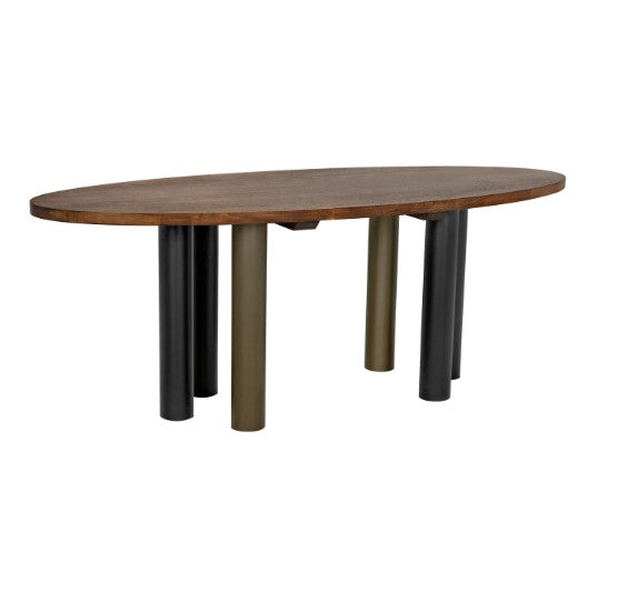 Journal Oval Dining Table, Dark Walnut with Black & Aged Brass Steel Base
