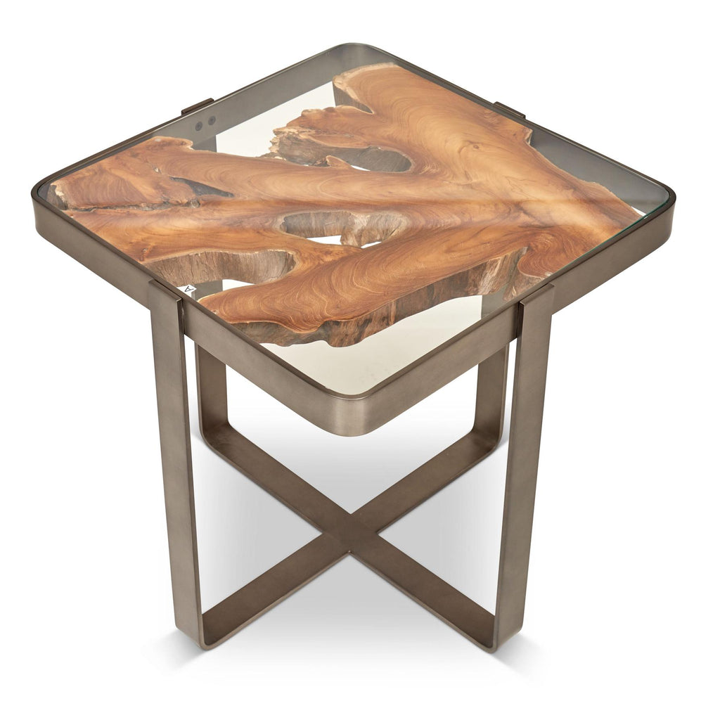 Kullen End Table - Teak Top - Galvanized Gray Frame