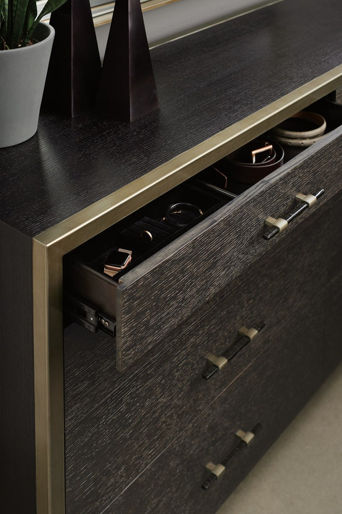 Remix Double Dresser - Black Stained Ash, Cerused Oak, Bronze Gold Metal