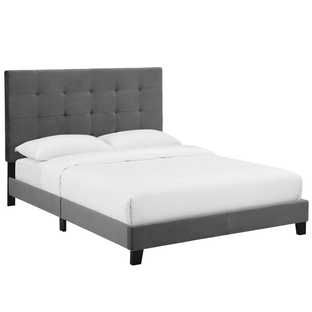 Melanie Twin Tufted Button Upholstered Performance Velvet Platform Bed in Gray