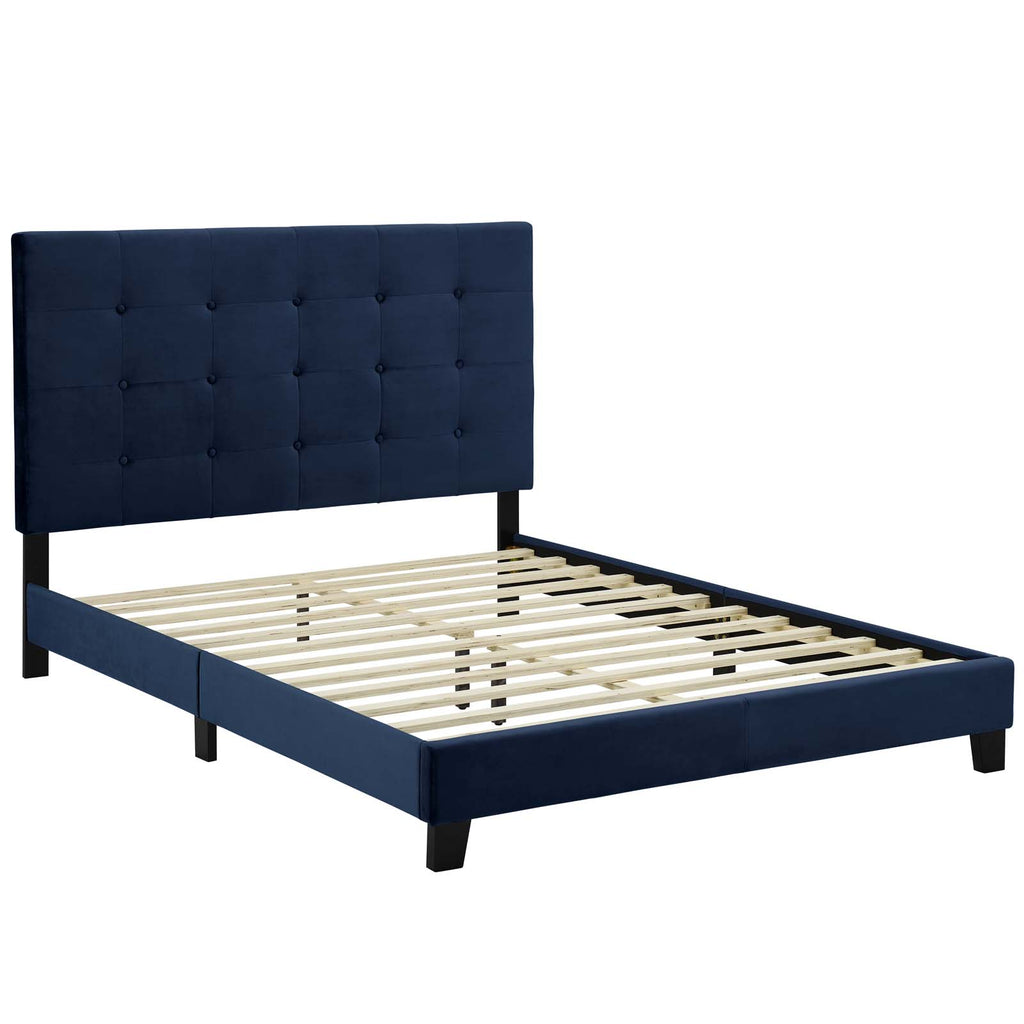 Melanie Twin Tufted Button Upholstered Performance Velvet Platform Bed in Midnight Blue