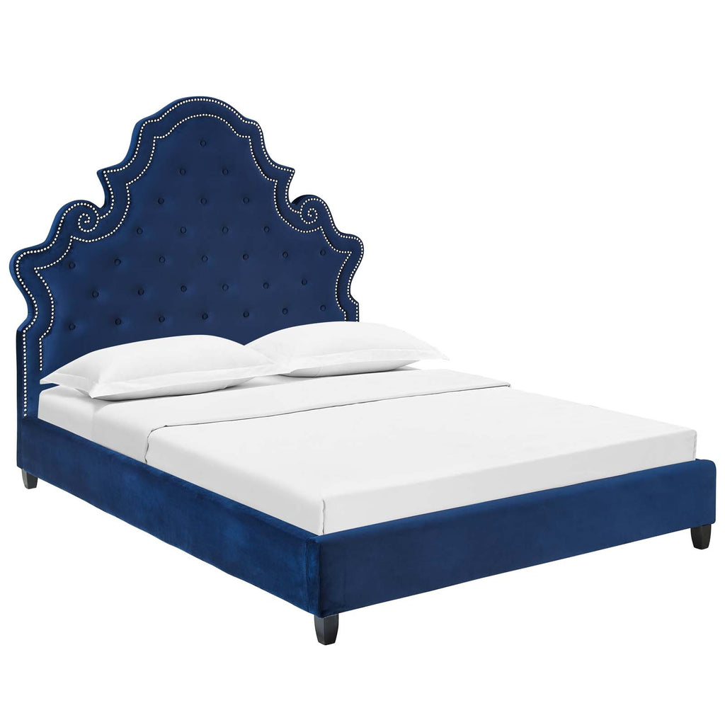 Valentina Queen Tufted Nailhead Performance Velvet Platform Bed in Navy