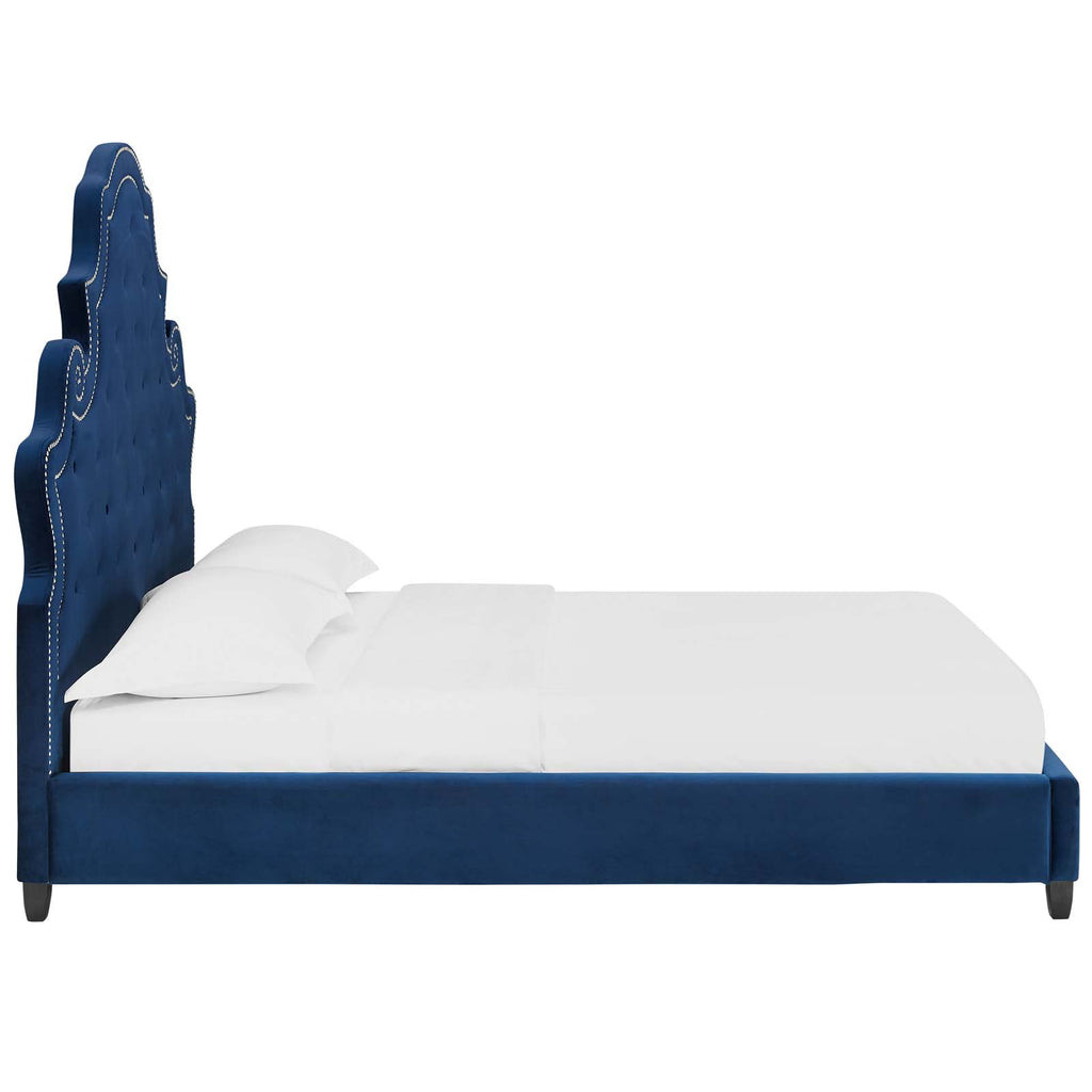 Valentina Queen Tufted Nailhead Performance Velvet Platform Bed in Navy