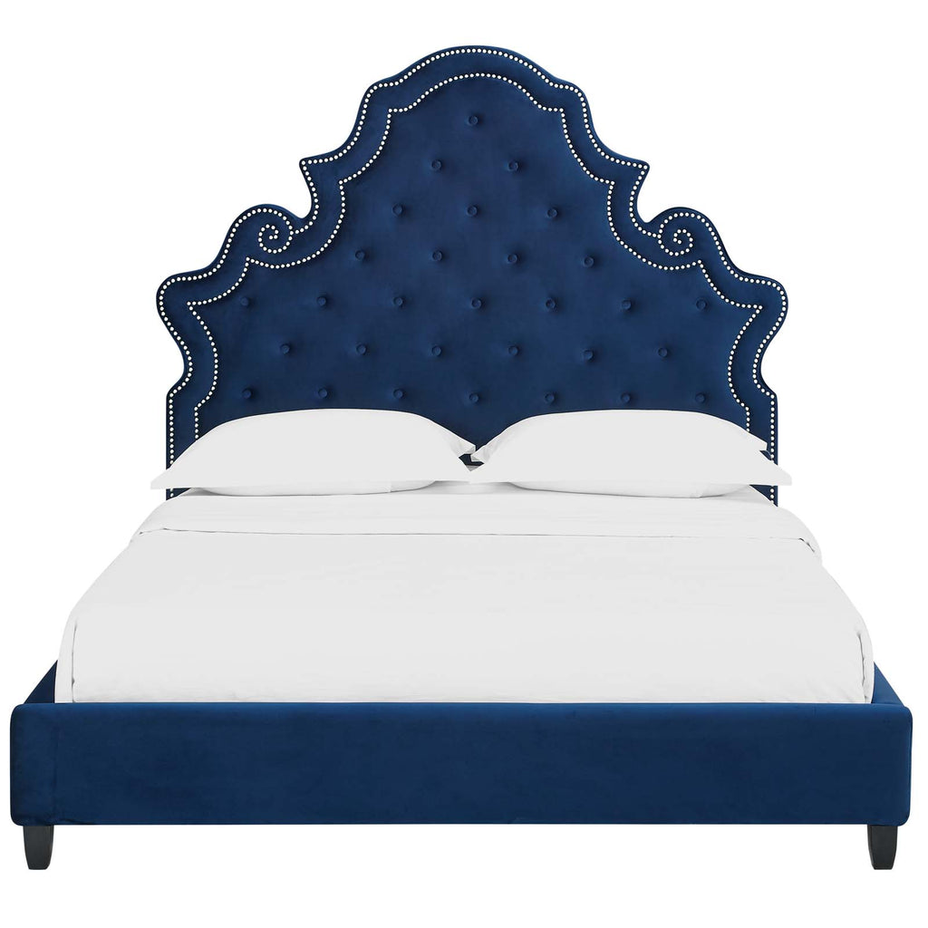 Valentina Queen Tufted Nailhead Performance Velvet Platform Bed in Navy