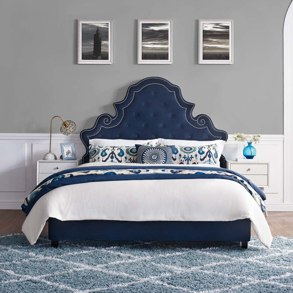 Valentina Queen Tufted Nailhead Performance Velvet Platform Bed in Navy