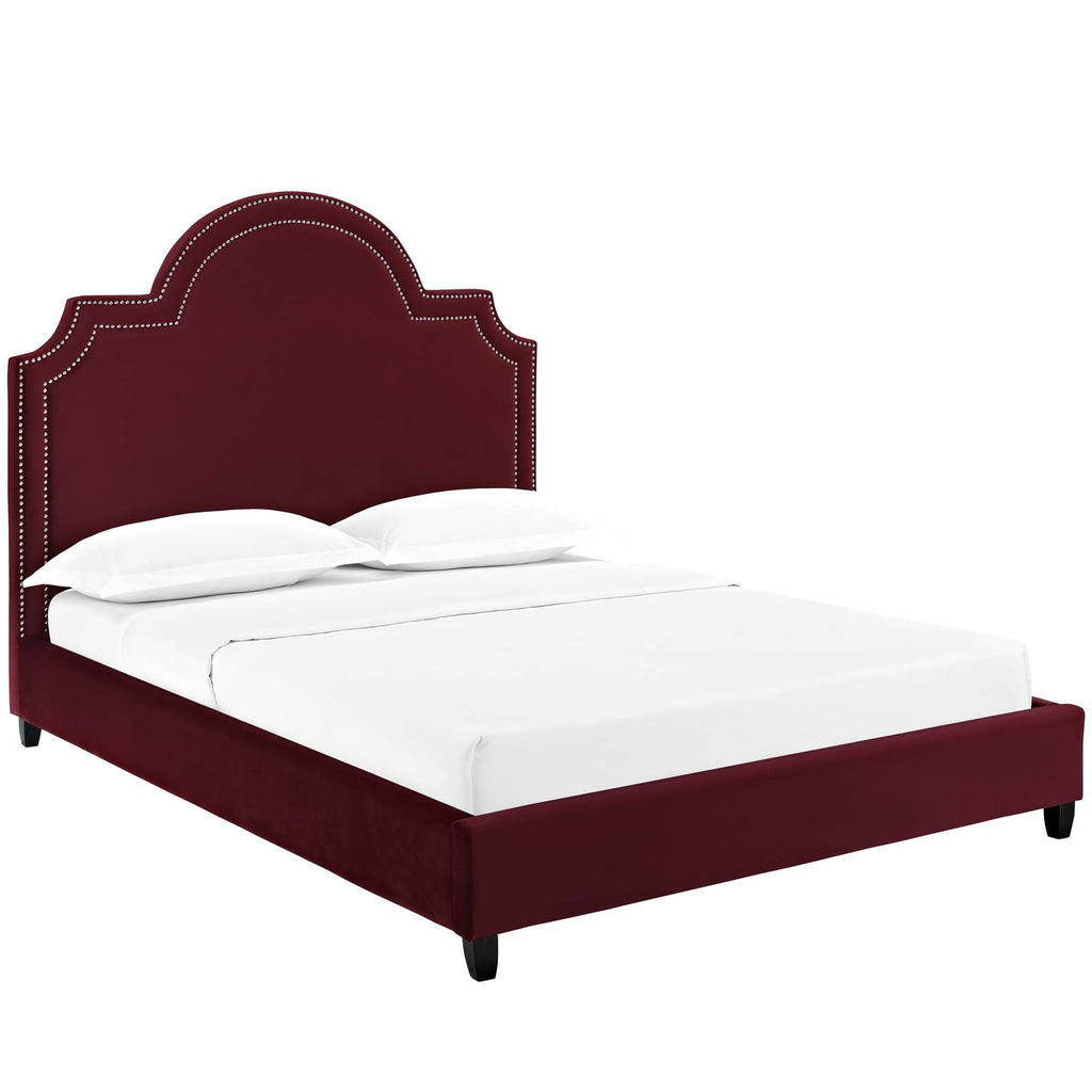 Primrose Queen Performance Velvet Platform Bed in Maroon