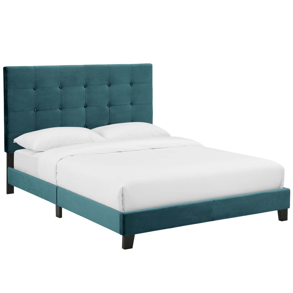 Melanie Full Tufted Button Upholstered Performance Velvet Platform Bed in Sea Blue