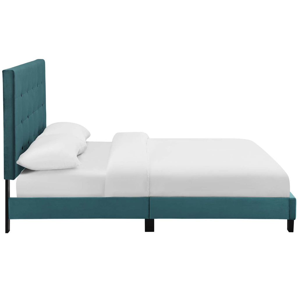 Melanie Full Tufted Button Upholstered Performance Velvet Platform Bed in Sea Blue