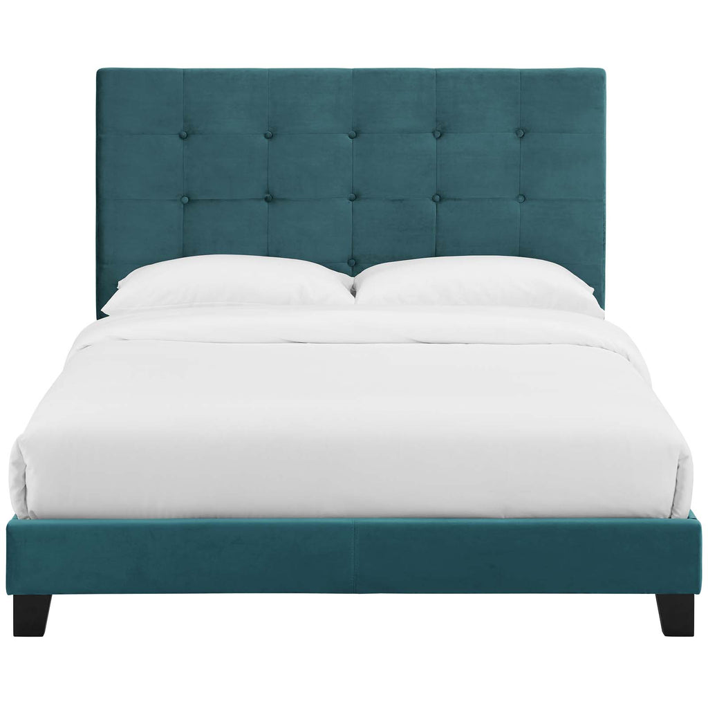 Melanie Full Tufted Button Upholstered Performance Velvet Platform Bed in Sea Blue