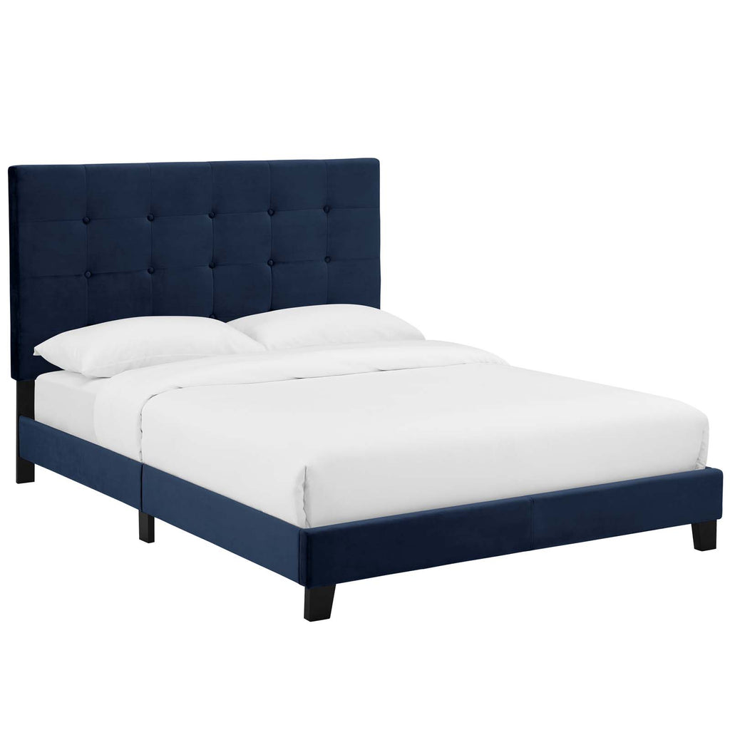 Melanie Queen Tufted Button Upholstered Performance Velvet Platform Bed in Midnight Blue