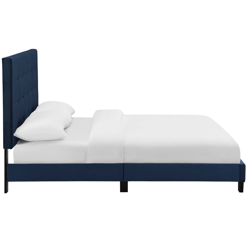 Melanie Queen Tufted Button Upholstered Performance Velvet Platform Bed in Midnight Blue