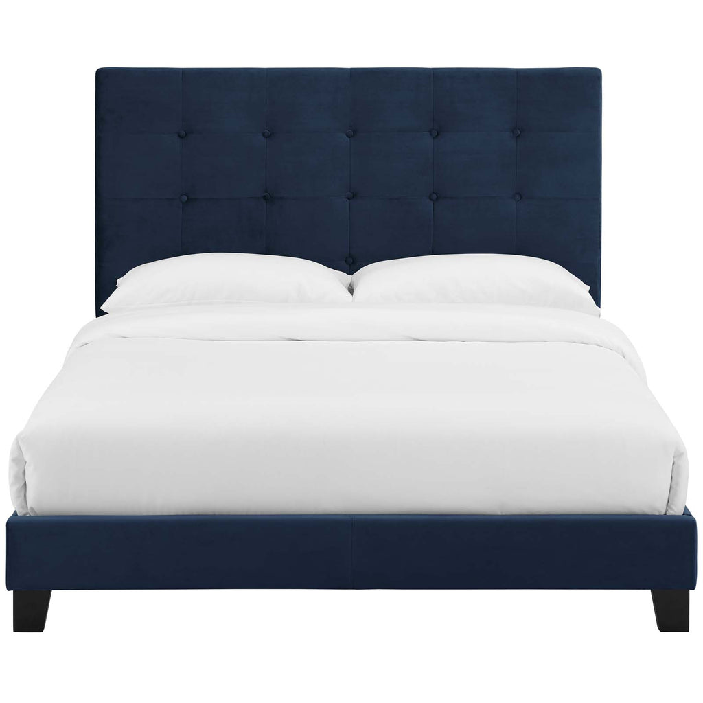 Melanie Queen Tufted Button Upholstered Performance Velvet Platform Bed in Midnight Blue