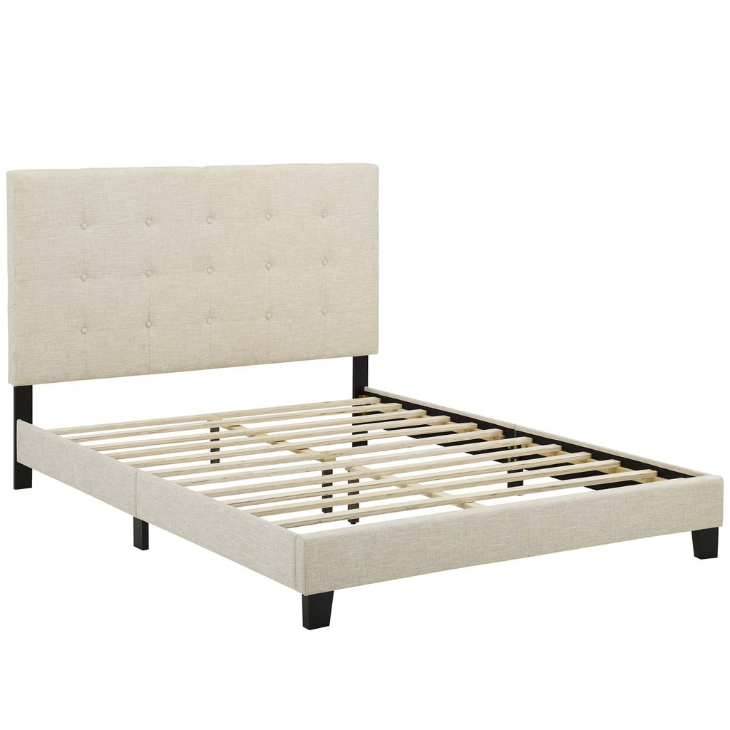 Melanie Queen Tufted Button Upholstered Fabric Platform Bed in Beige