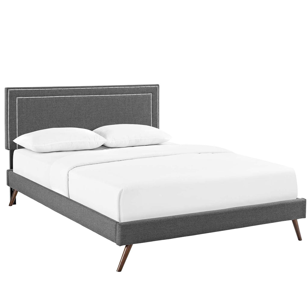 Virginia Queen Fabric Platform Bed with Round Splayed Legs in Gray