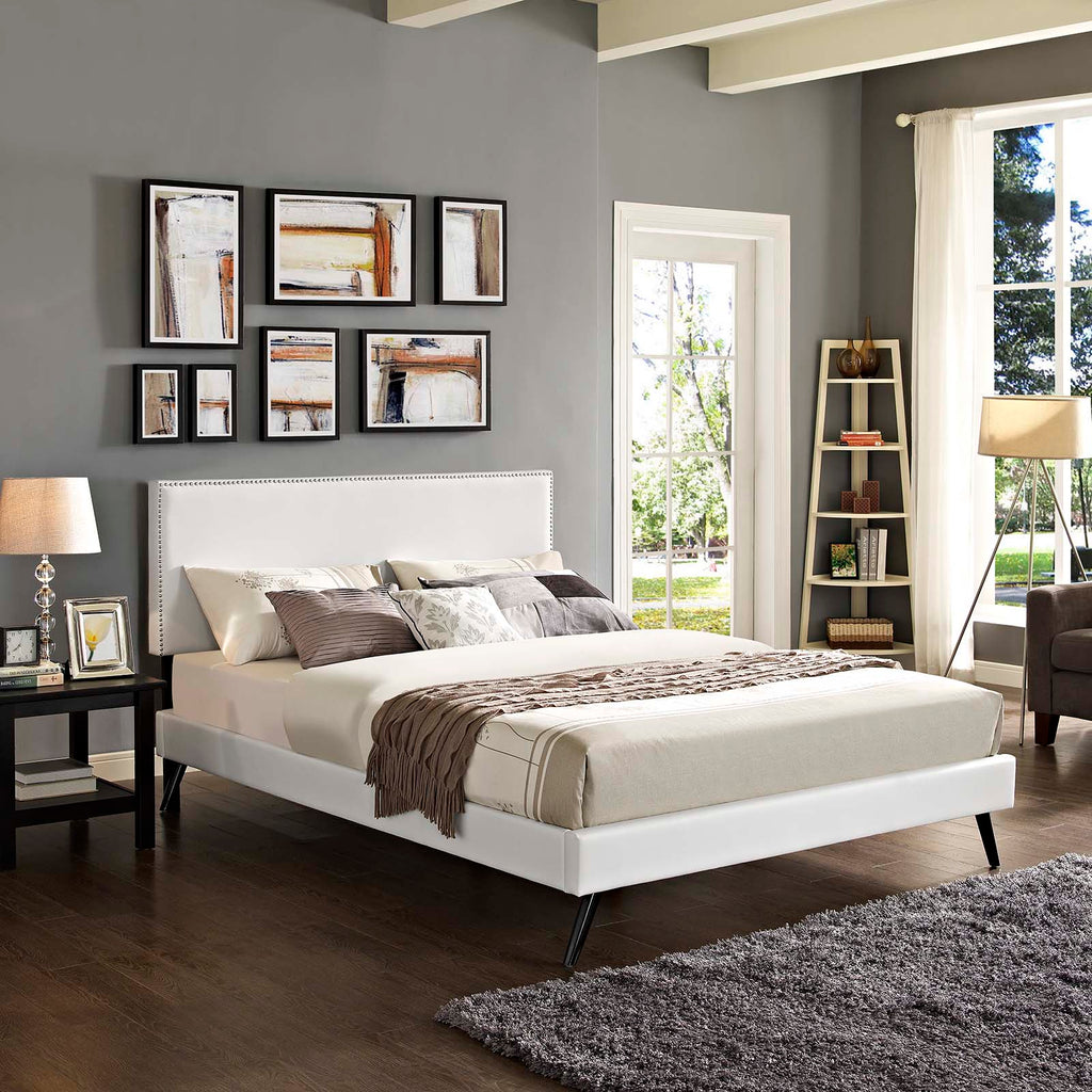 Macie Queen Vinyl Platform Bed with Round Splayed Legs in White