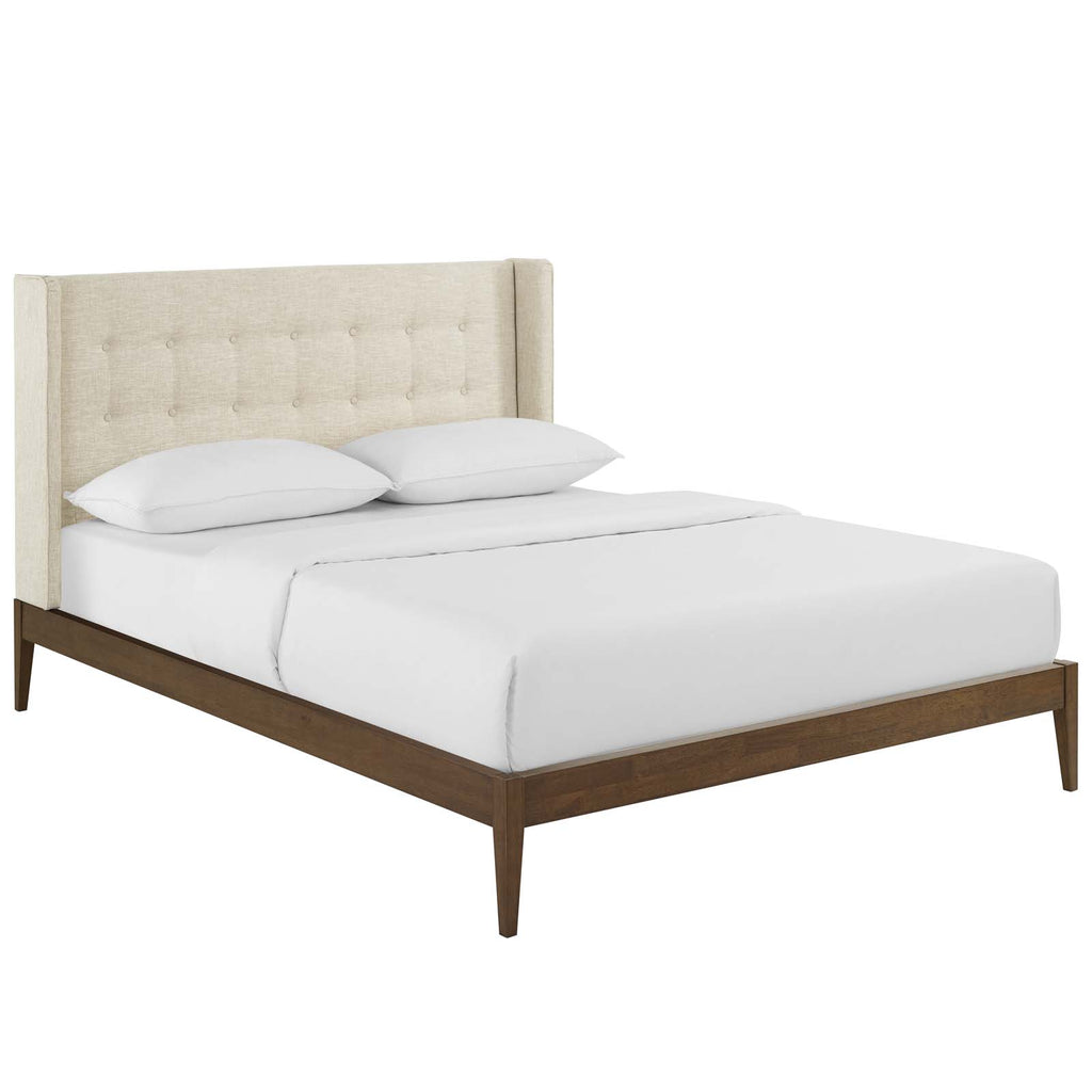 Hadley Queen Wingback Upholstered Polyester Fabric Platform Bed in Beige