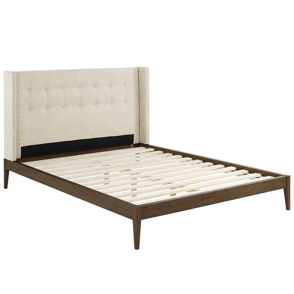 Hadley Queen Wingback Upholstered Polyester Fabric Platform Bed in Beige