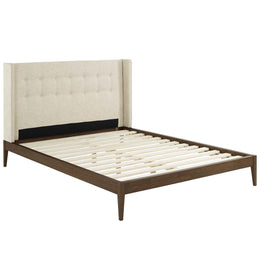 Hadley Queen Wingback Upholstered Polyester Fabric Platform Bed in Beige