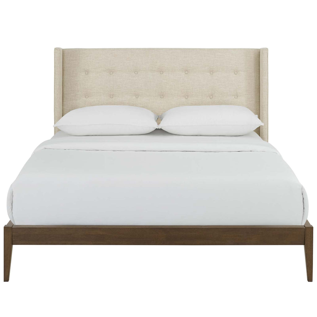 Hadley Queen Wingback Upholstered Polyester Fabric Platform Bed in Beige