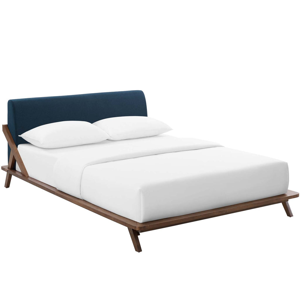 Luella Queen Upholstered Fabric Platform Bed in Walnut Blue