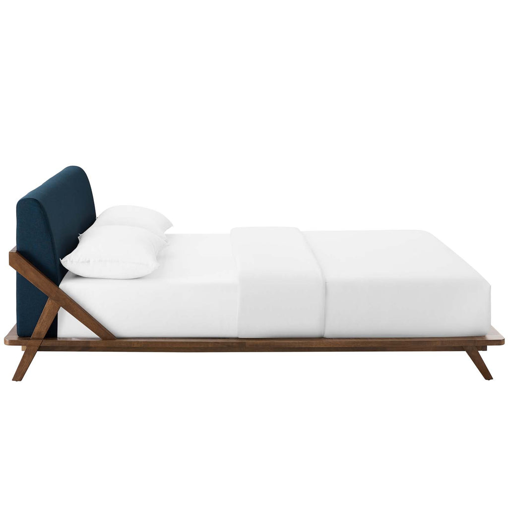 Luella Queen Upholstered Fabric Platform Bed in Walnut Blue