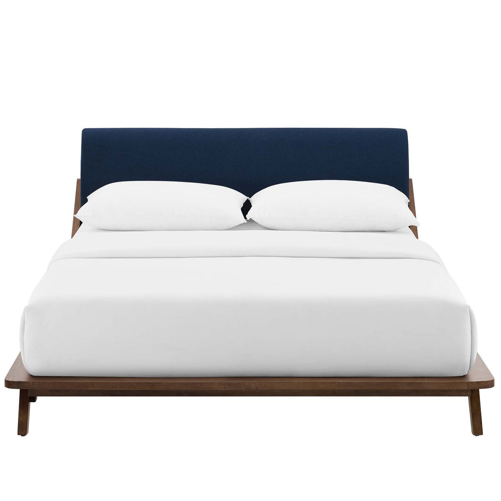 Luella Queen Upholstered Fabric Platform Bed in Walnut Blue