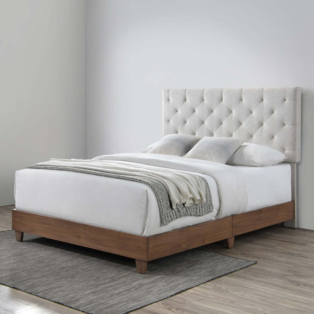 Rhiannon Diamond Tufted Upholstered Fabric Queen Bed in Walnut Beige