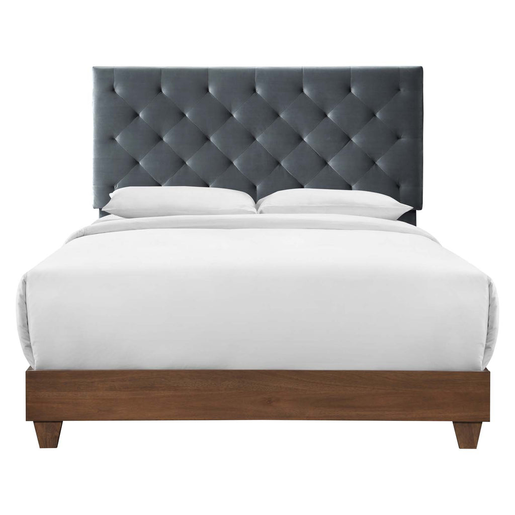 Rhiannon Diamond Tufted Upholstered Performance Velvet Queen Bed in Walnut Charcoal