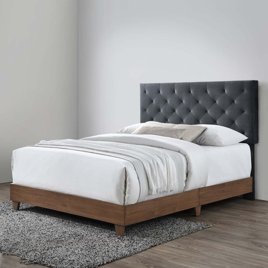 Rhiannon Diamond Tufted Upholstered Performance Velvet Queen Bed in Walnut Charcoal