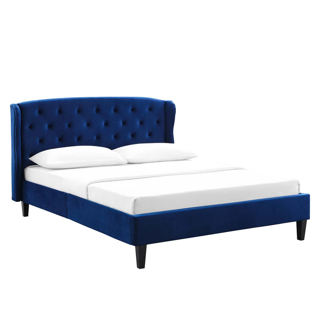 Penelope Tufted Wingback Queen Performance Velvet Platform Bed in Navy