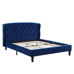 Penelope Tufted Wingback Queen Performance Velvet Platform Bed in Navy