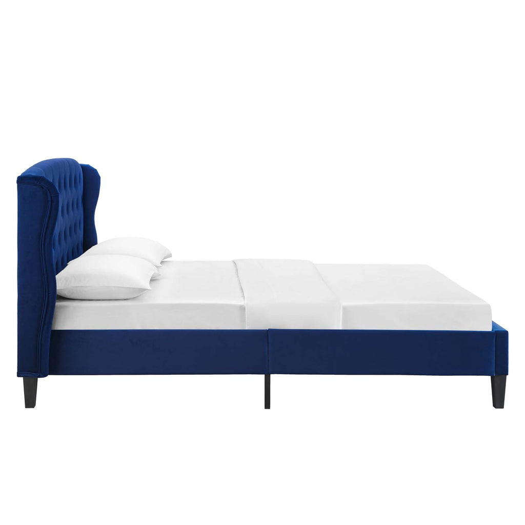 Penelope Tufted Wingback Queen Performance Velvet Platform Bed in Navy