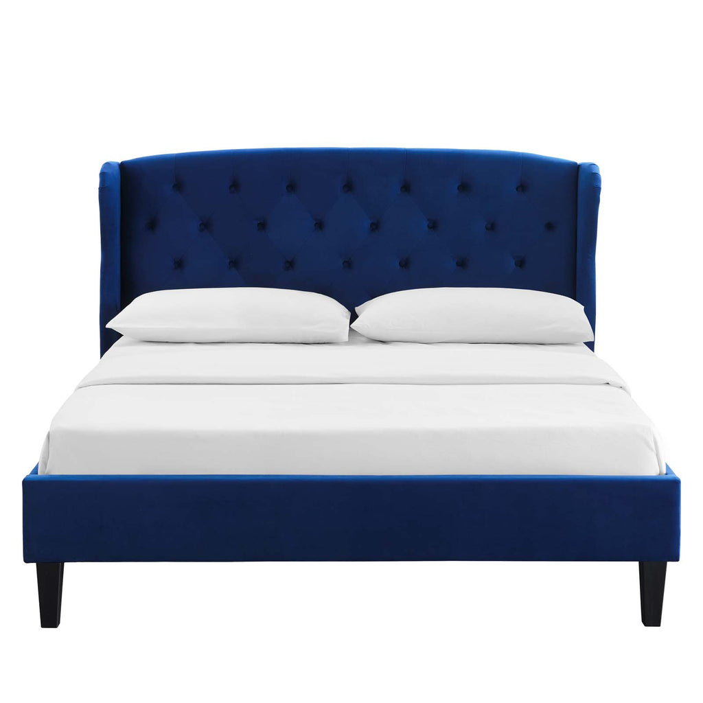 Penelope Tufted Wingback Queen Performance Velvet Platform Bed in Navy