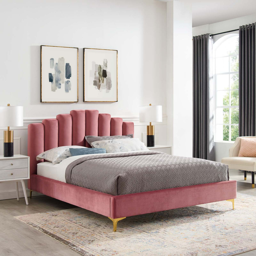 Olivia Queen Performance Velvet Platform Bed in Dusty Rose