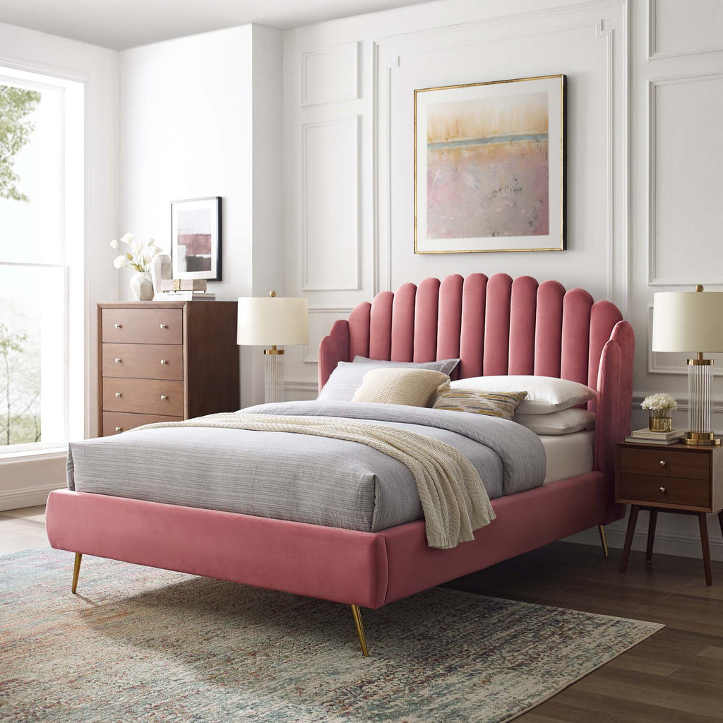 Lana Queen Performance Velvet Wingback Platform Bed in Dusty Rose