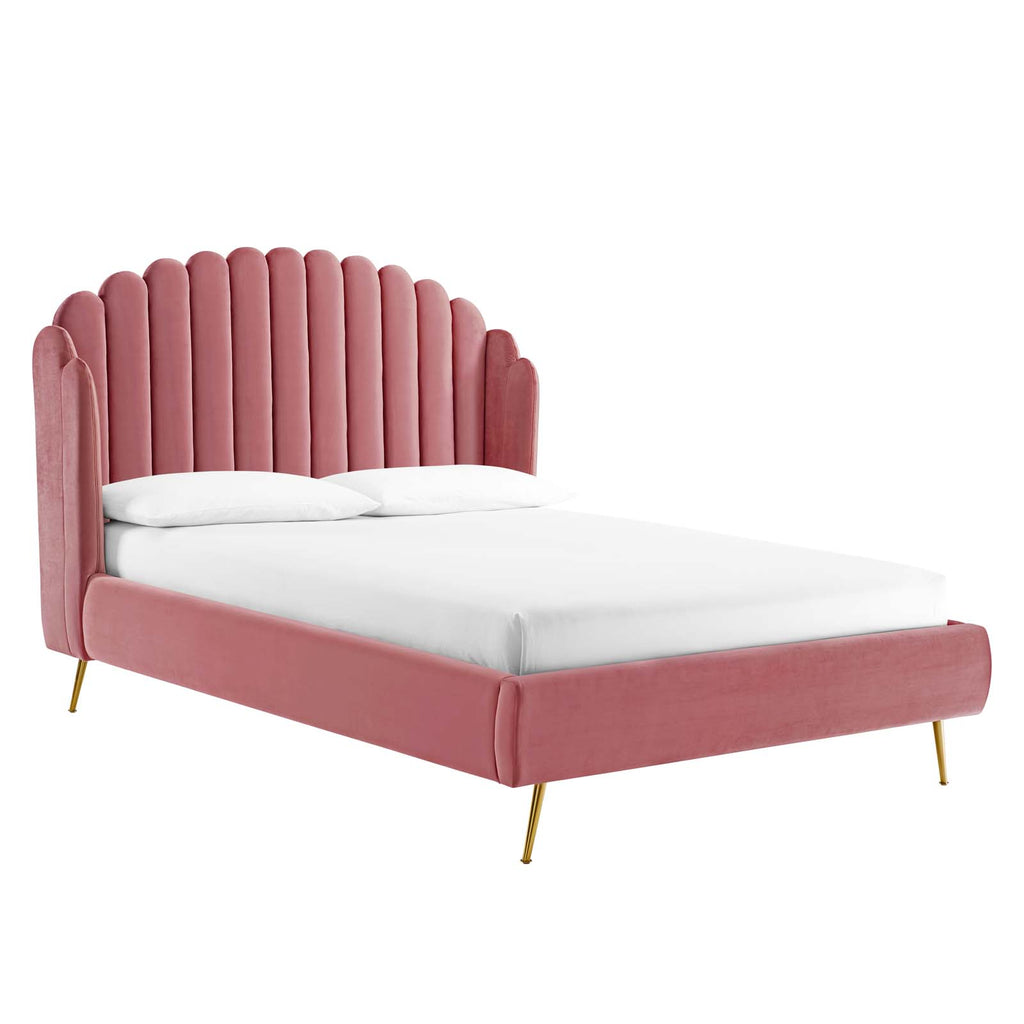 Lana Queen Performance Velvet Wingback Platform Bed in Dusty Rose